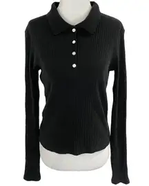 ZARA Ribbed Knit Long Sleeve Polo Shirt Black Size Large