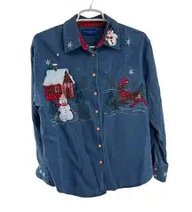 Karen Scott Blue Denim shirt winter scene snowman reindeer holiday M embroidered