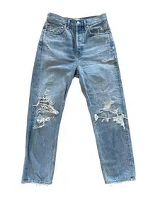 Agolde - 90's Mid Rise Loose Fit Distressed Ripped Straight Leg Jeans in Blue