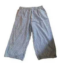 BeachLunchLounge Linen Wide Leg Crop Stripe Pant Sz. L Blue Drawstring Waist
