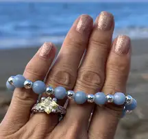 Sky Blue Angelite Beaded Stretch Bracelet Sterling Silver Handmade Bracelet