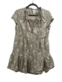 Joie Embroidered Tiered Ruffle Mini Dress Tan Floral Short Sleeve Boho Eyelet