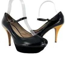 YSL Yves Saint Laurent Tribute Black & Yellow Mary Jane Peep Toe Heels Size 37.5