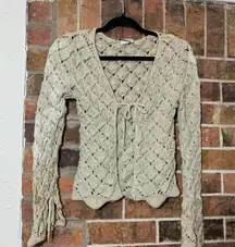 Vintage 90’s Cream crochet cardigan with ruffle sleeves and tie front