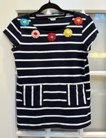 Boden Preppy Navy White Striped Sweater Top Floral Embroidered Women’s Size 2 XS