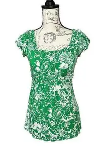 Vol 1 Women's Short Sleeve fitted Green White Tie Back Belt Top Stretch Small