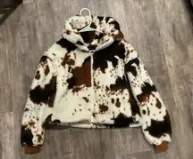 Cider Fluffy Cow Print Zip-Up Crop Jacket