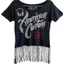 Affliction American Custom Rhinestone Fringe Tee Shirt Small Y2K Moto Biker Glam