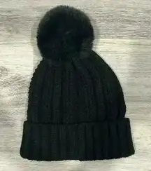 Vince Camuto Black Faux Fur Pompom Acrylic Knit Beanie Winter Snow Hat OS