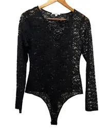 FULL LACE BODYSUIT Black Thong Style Sz L Snap Crotch Long Sleeve ACEMI NEW