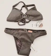 Pilyq grey key ring crinkle textured tie back bikini set new
