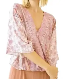 Mystree Women’s Size L Purple Pink Pastel Floral Boho Wrap Shirt Top
