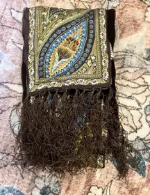 Vintage Talbot's Silk Scarf - Fringed, Green Brown Paisley, 61 inches long