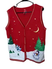 Christmas Sweater Vest Womens XL Red Snowman Trees V-Neck Button Up