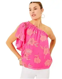 NWT Lilly Pulitzer Sarahleigh Silk Blend One Shoulder Top Pink Gold‎ XS Relax