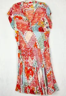 Karyn Seo Patchwork Tiered Midi Dress Size XL Boho V-Neck Floral Ruffle Flowy