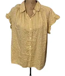 Max Studio yellow and white embroidered check button down top. NWT