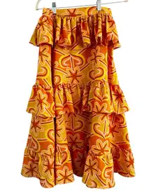Dazey LA Anthropologie Retro Orange Floral Tiered Ruffle Maxi Skirt Size XS USA