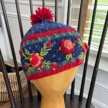 Lost Horizons Aubrey Beanie Wool Knit Winter Hat Floral Blue Red