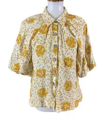 Ivy Jane Yellow White Floral Button Front Blouse Puff Sleeve Cottagecore Small