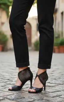 Jessica Simpson Womens Black Mesh Jersee Peep Toe Stiletto Dress Sandals Heels