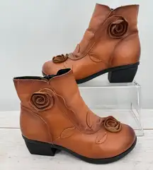 Camel Brown Leather Retro Flower Ankle Boots Low Heel Faux Fur Lined Comfy Boho