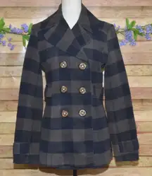 Fossil Ladies Blue Plaid Wool Blend Peacoat Winter Jacket Size S Warm Classic