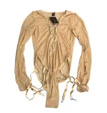 Frederick's of Hollywood Lola Lee Sheer Mesh Long Sleeve Teddy Beige Late M