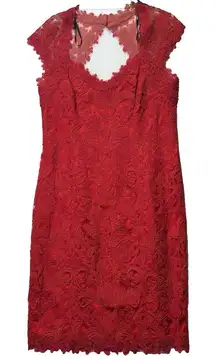 Tadashi Shoji Flame Queen‎ Anne Neckline Open Back Corded Lace Tulle Dress Red 6
