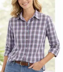 LL Bean Red White Plaid Long Sleeve Pinpoint Oxford Button Shirt LARGE PETITE