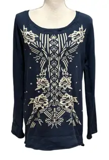Johnny Was Size M Embroidered Sweatshirt Navy Blue FLAWS