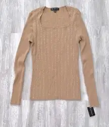 Square Neck Stone Studded Long Sleeve Top L