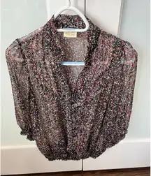 Pretty Good Floral Sheer Blouse Button Down Ruffle Neck Smocked Waist Size Small