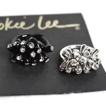 NWT Cookie Lee Crystal Cluster Cocktail Statement Black Silver Tone 2 Rings Sz 8