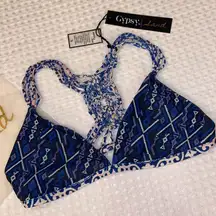 NEW! GYPSY 05 SAND Bikini Size Small Crochet Racerback Top Blue Multi Tile Print