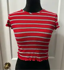 Red Ruffled Crop Top with Fitted Short Sleeves