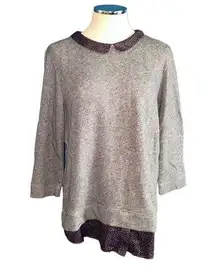 Loft Ann Taylor  Gray Knit Floral Hem Collared Long Sleeve Top Size L NWT