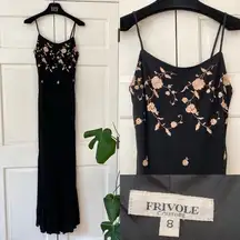 Henri Bendel Frivole Couture Black Rosebud Embroidered 90s Y2K Maxi Sleeveless