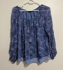 Majorelle Blue Patterned Blouse with Tassel Tie Neckline Size Small