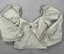 Sim & Sam Boho Keyhole Blouse Women's Medium Green Cropped Balloon Sleeve V-Neck