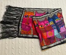 Laurel Burch Tribal Felines 100% Silk Scarf Black Fringe Cat Scarf