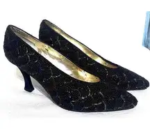 VTG Caparros Beaded Evening High Heels Pumps 8.5 B Black Dress shoes Statement