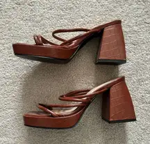 Strappy Brown Leather Crocodile Chunk Heel