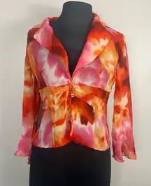 Bob mackie 100% silk floral button vintage blouse size 12 orange pink red white