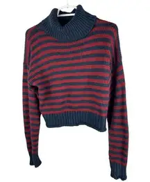Red navy striped cropped sweater turtleneck cowl neck medium preppy winter fall