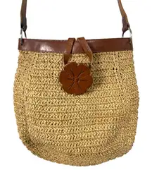Fossil Raffia Straw Woven Brown Leather Floral Details Crossbody Purse Handbag