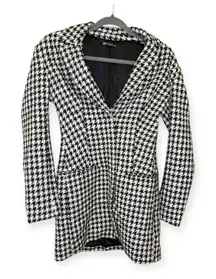 Zara Black White Houndstooth Coat Blazer Dress XS Tailored Mini Jacket Dress