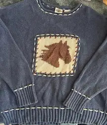 Vintage Horse Knit Sweater Blue Equestrian Cottagecore Cozy Grandpa Core