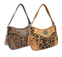Leopard Spots Western Leather Handbag Hobo Bag Dark Brown