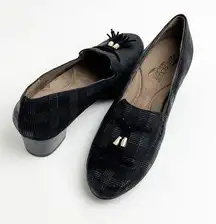 AEROSOLES Black Plaid Touchpad Heel Rest Tassel Block Heels Loafers, Size 7.5